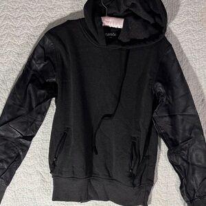 Carbon Black Hoodie with Faux Leather Sleeves